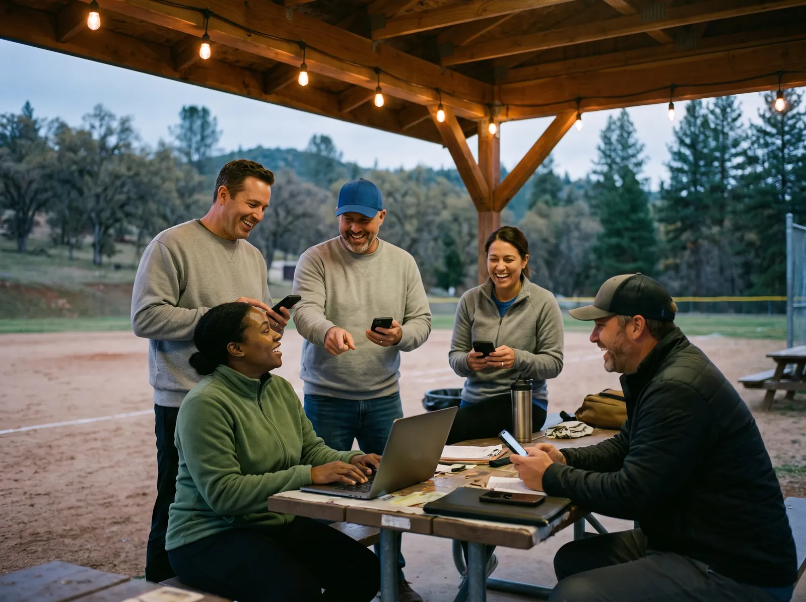 A league director at a laptop under a string-lit pavilion while four volunteer coaches around her make picks on their phones