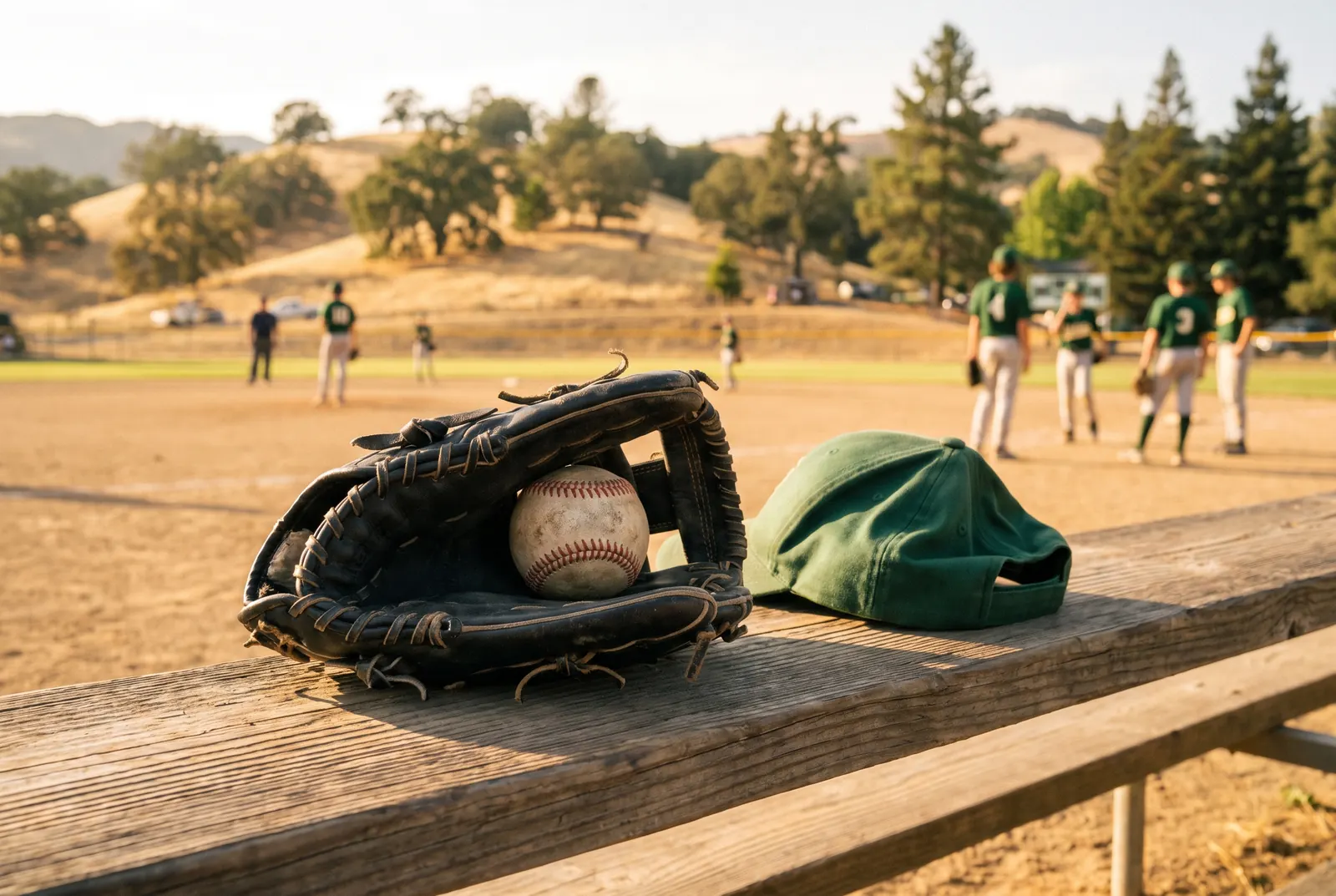 A worn baseball glove holding a ball beside a green cap on a wooden bleacher, the ballfield glowing behind