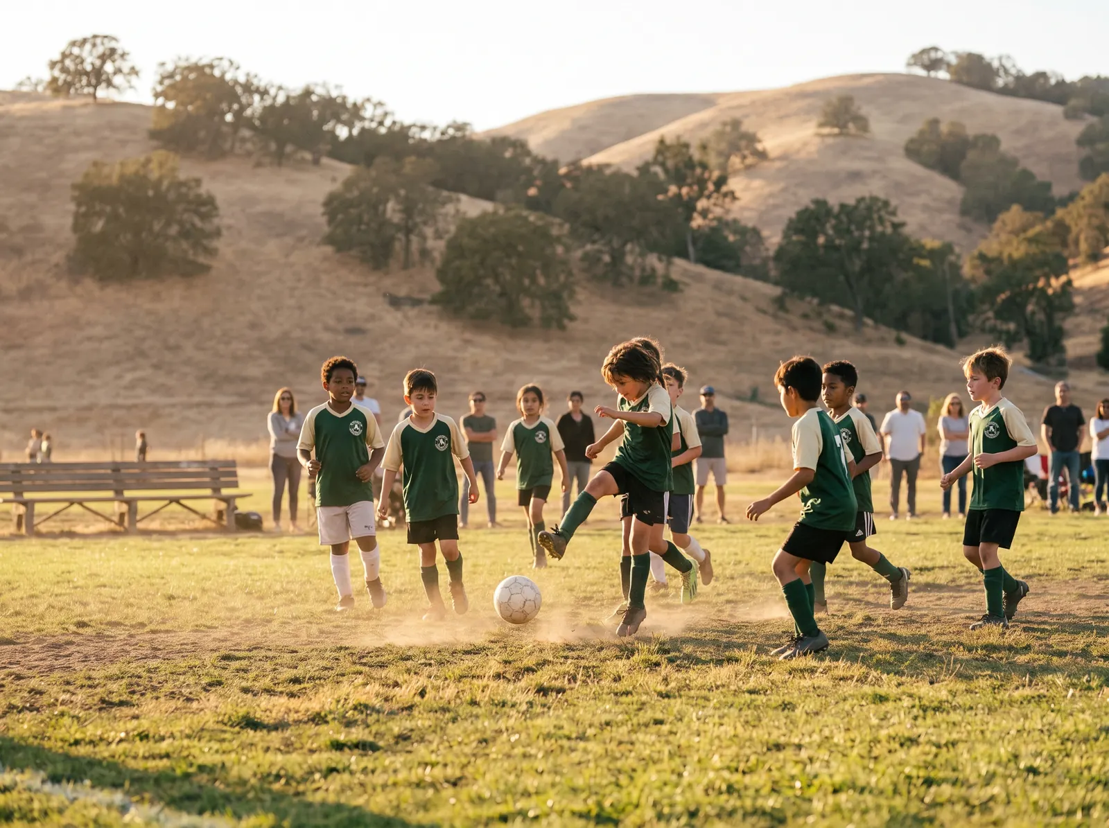 Kids in green jerseys chasing the ball on a grass field at the edge of the foothills, parents watching from the sideline at golden hour