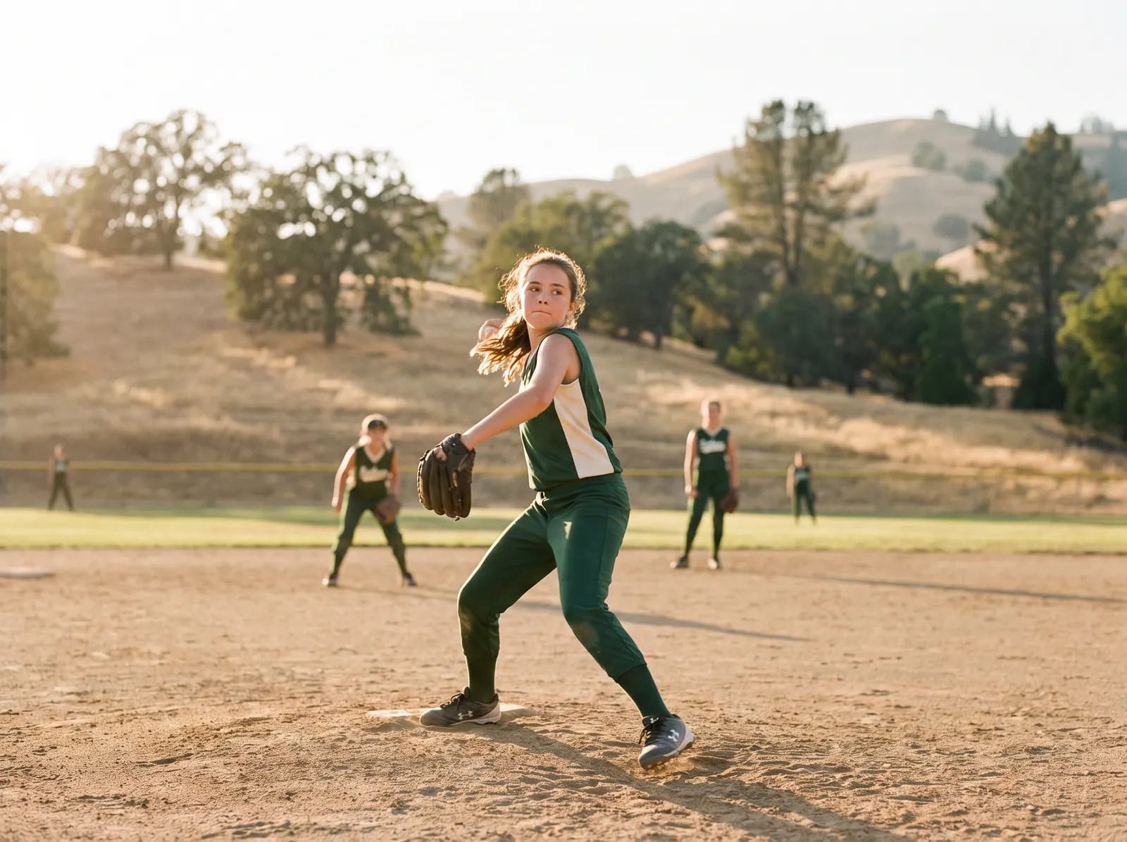 A youth softball pitcher mid wind-up on the circle at golden hour, teammates ready in the infield behind her