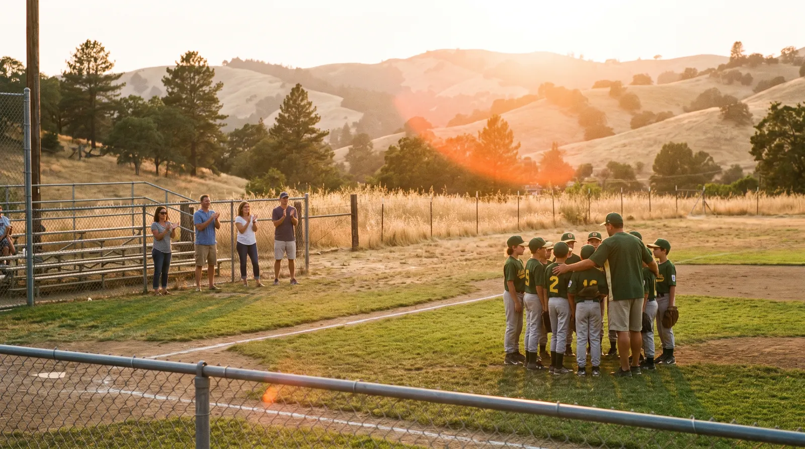A youth baseball team huddled with their coach after a game, parents clapping by the fence in the evening light